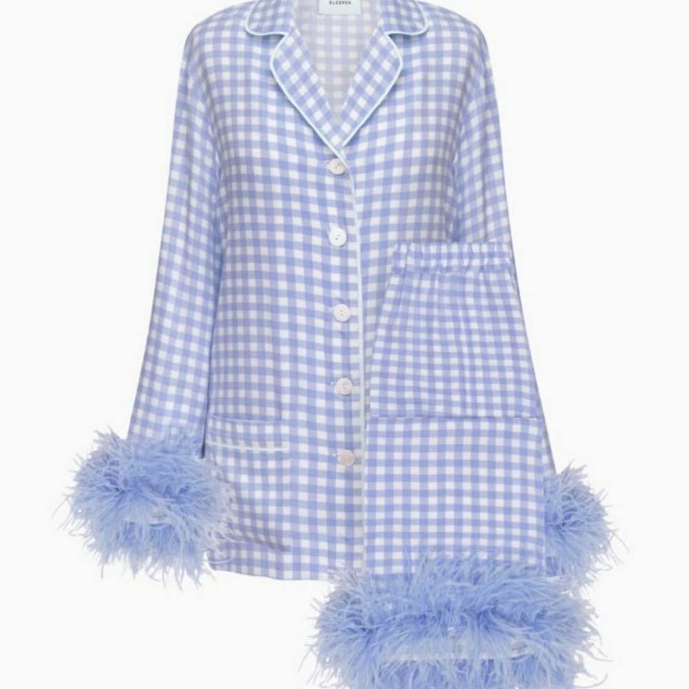 NWT - Sleeper Party Pajama with Double Feathers in Blue Vichy, Size Medium
